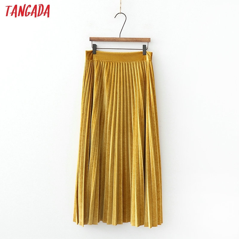 

Tangada women yellow velvet pleated midi skirt faldas mujer side zipper fly yellow female casual mid calf skirts XD535 Y200326
