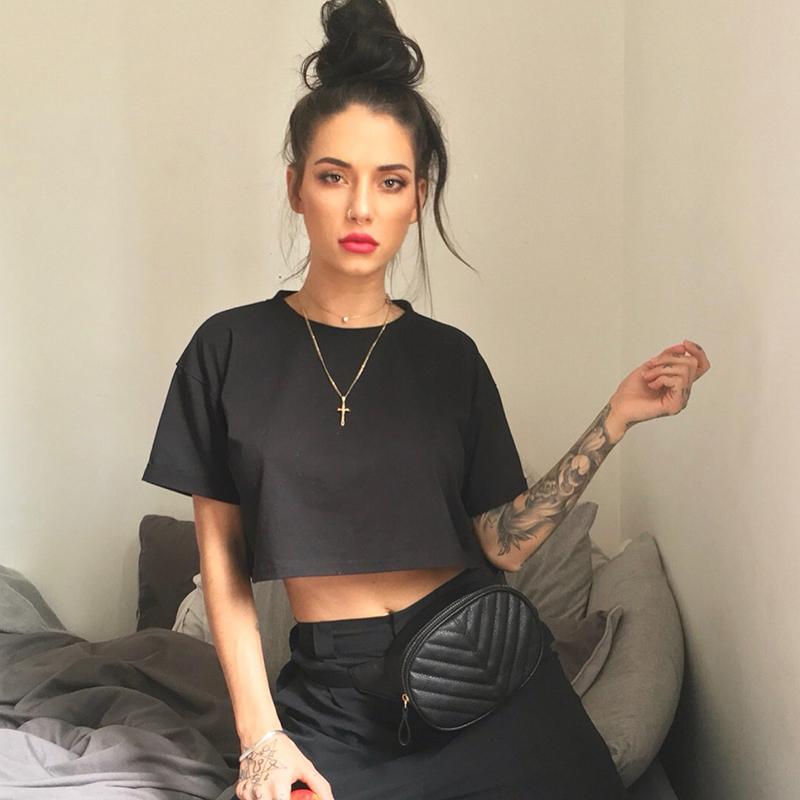 

Hong Kong style summer cotton T short-sleeved women' T-shirt short loose top casual short T pure cotton short-sleeved, Black