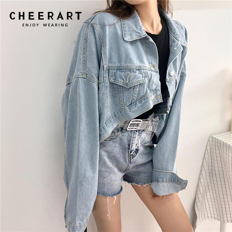 

Cheerart Harajuku Denim Cropped Jacket Women High Low Blue Jean Jacket Asymmetrical Cropped Coat Autumn 2020 Streetwear1, As pic