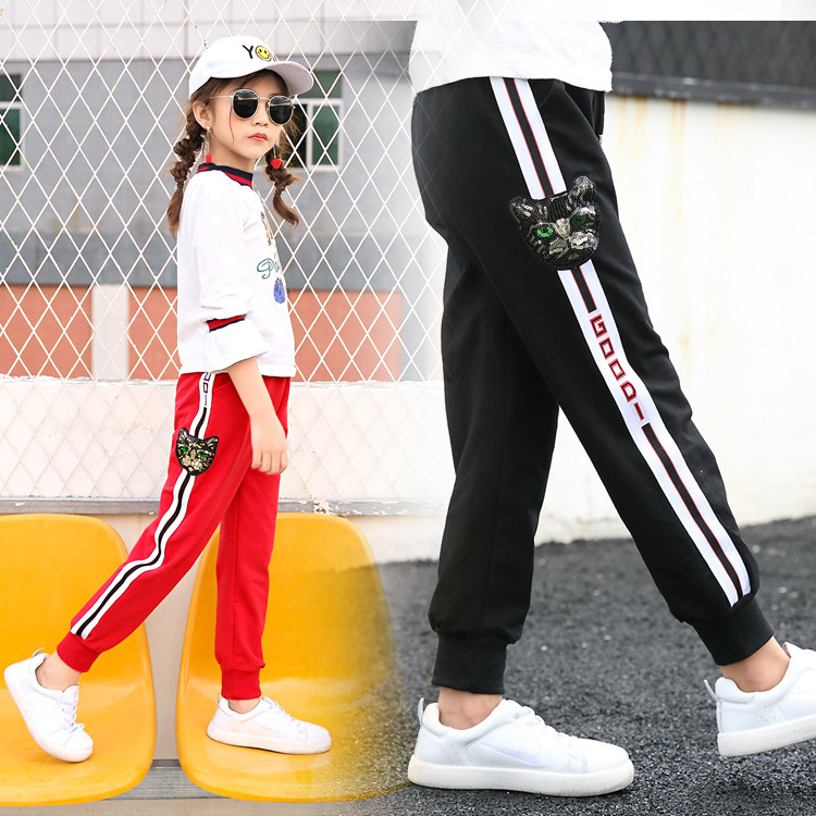 

Girls' casual trousers 2019 autumn and winter big children's cat embroidery sports pants student school uniform pants autumn trousers, Black