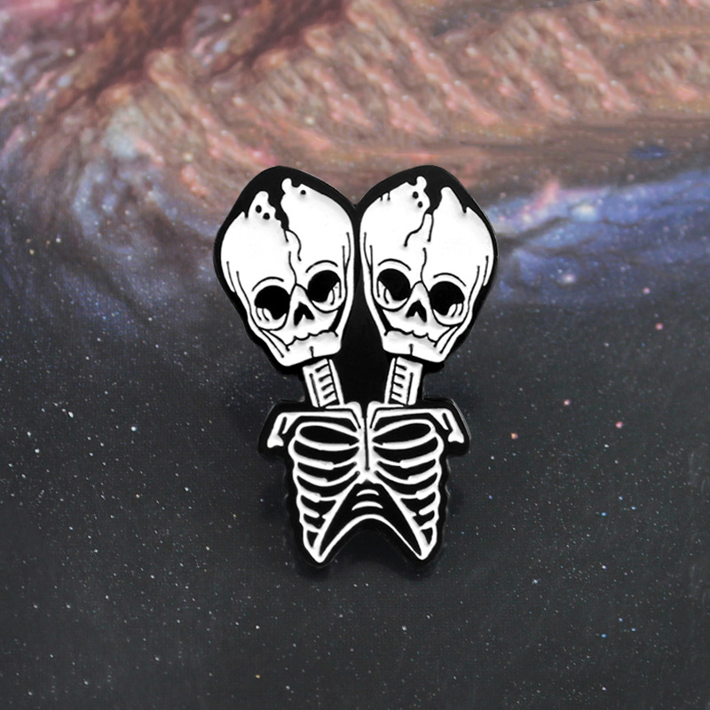 

Double-headed skeleton pin black white gothic art accessory, As picture