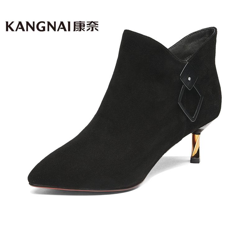 

KANGNAI Women Boots Pointed Toe Kid Suede High Heels Office Black Ankle Boots Fashion Ladies Autumn Winter Shoes