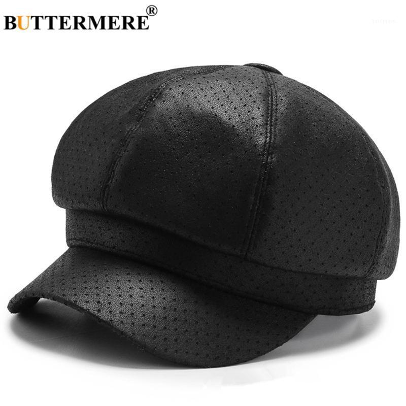 

BUTTERMERE Pu Leather Hats for Women Vintage Black Octagonal Cap Autumn Winter Beret Women Hat Solid Newsboy1, White