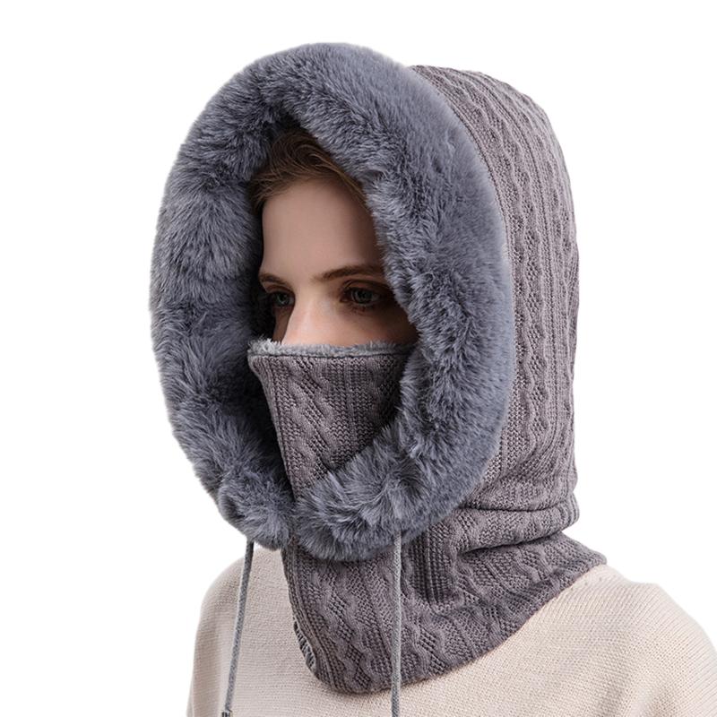 

Beanies 3-in-1 Women Knitted Caps 2022 Winter Female Warmer Hooded Scarf Fleece Thick Soft Hood Neckerchief With Drawstring Hat