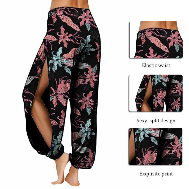 

Oeak Bohemian Women Pants Casual High Waist Harem Trousers Baggy Loose 2020 New Boho Floral Flowers Print Side Slit Loose Pant, Orange