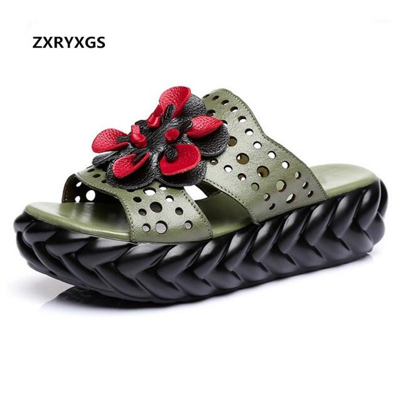 

Hot Sale Top Cowhide Flower Fashion Slippers Women Shoes Summer Leather Sandals 2020 New Increase Platform Slipper Women Sandals1, Green