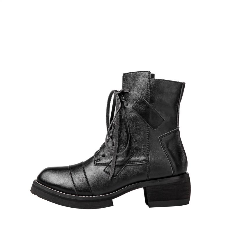 

Woman Botas Ankle Boots Lace Up Genuine Leather Women Motorcycle Boots Punk Cross Tie Short Outdoor Functional Army, Black