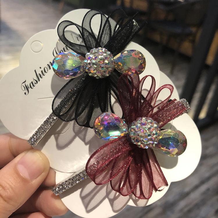 

Korean Elegant Organza Bow Crystal Hairpin Luxury Headdress Adult Clip Female Adult for Women Rhinestone Pins Hair Accessories