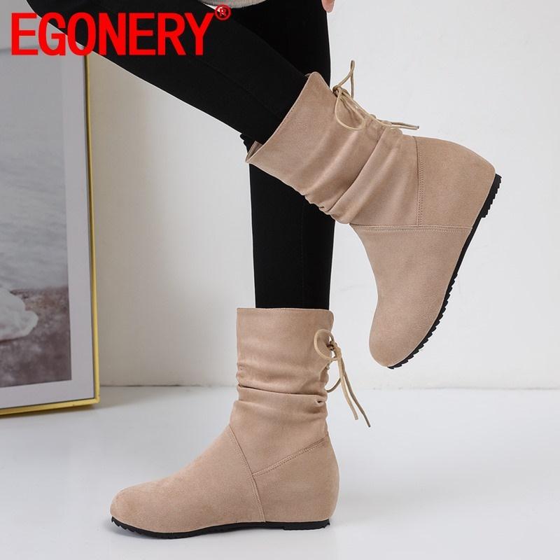 

EGONERY 2020 winter new warm mid calf boots outside mid heel round toe cross-tied flock women shoes drop shipping size 32-43, Black