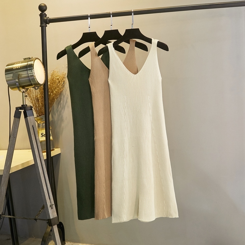 BYGOUBY Long Knit Women Maxi Sweater Dress Spring Autumn Spaghetti Strap Pullover Tops Sleeveless Sexy V Neck Midi Dresses 201125Z