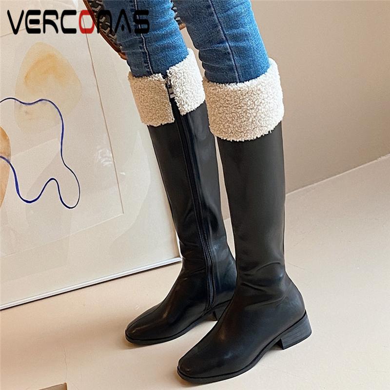 

VERCONAS Casual Fashion Knee-High Boots For Women High Quality Genuine Leather Low Heels Shoes Woman Winter Zipper Long Boots, Mibair