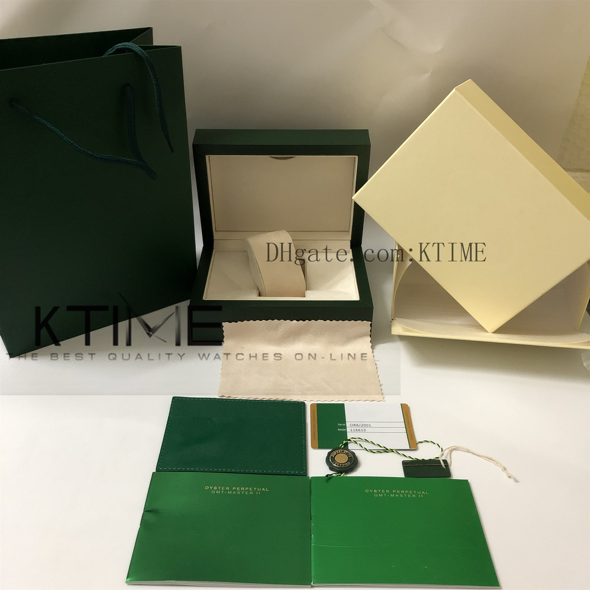 

Newest High Quality Green Watch Box Papers Card Purse Gift Wood Boxes New Handbag For 116610 116660 126610 Watches Case orologio di lusso