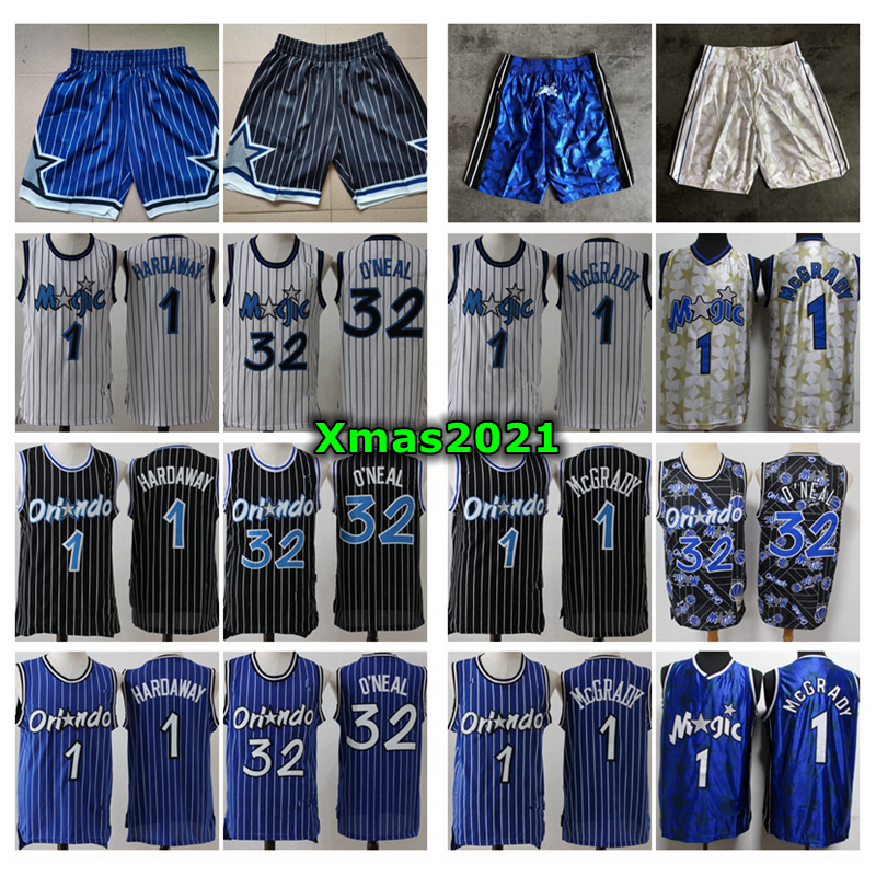 

Vintage Mens 1 Anfernee Hardaway Jersey Authentic Stitched Retro Classic Mesh 32 1 McGrady Basketball Jersey Mitchell Ness Black Blue Shorts, With real logo