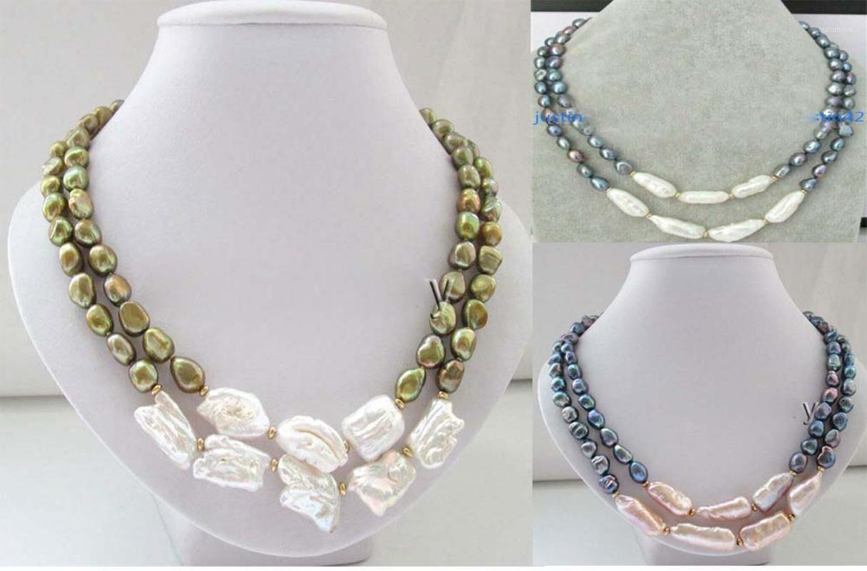 

2row 18"-19" 9-11-20mm green & white keshi reborn freshwater pearl necklace1