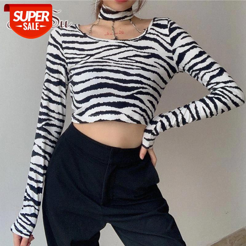 

ArtSu Zebra Striped T-shirt Crop Top Women Clothes Streetwear Autumn Halter Hollow Out Tshirt Animal Tee Shirts Casual TS52512 #cK9K, White