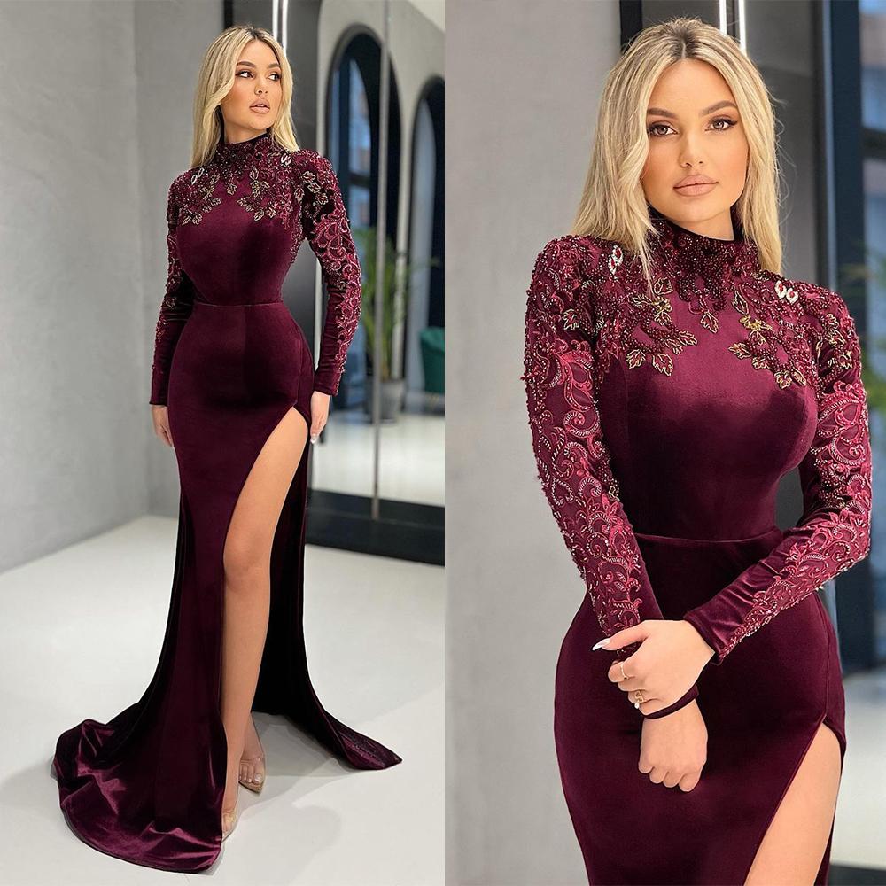 

Elegant Burgundy Mermaid Prom Dress High-neck Long Sleeves Custom Made Applique Lace High Side-split Floor-length Formal Party Evening Dresses vestidos de festa, Same as image