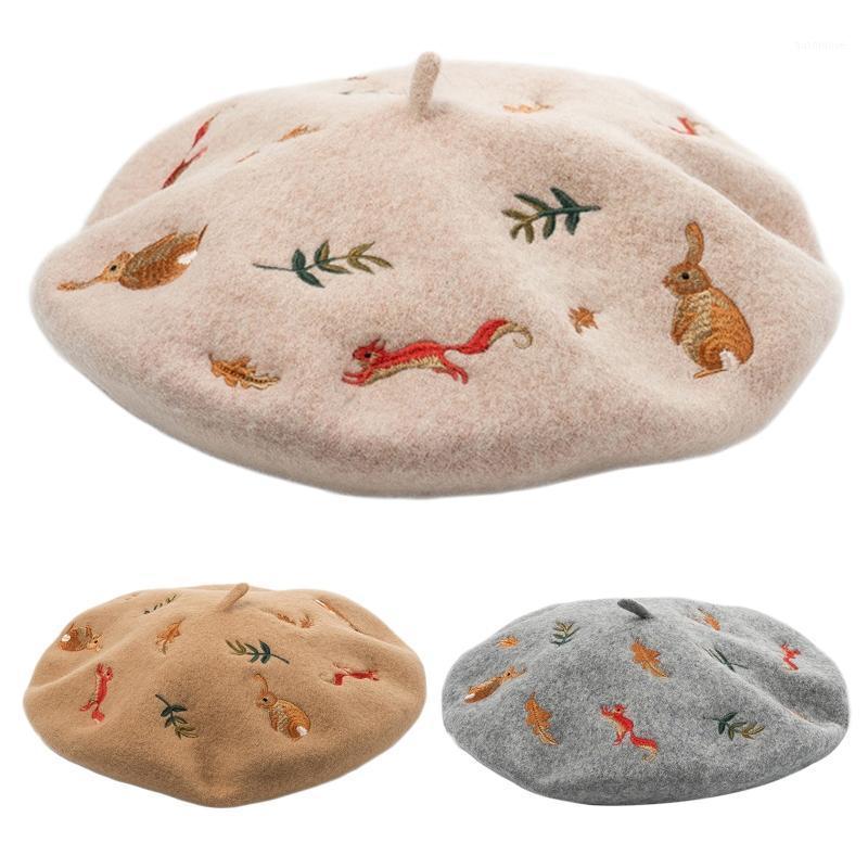 

Women Winter Faux Wool Beret Cap Cartoon Squirrel Embroidery Painter Hat 649C1, Apricot