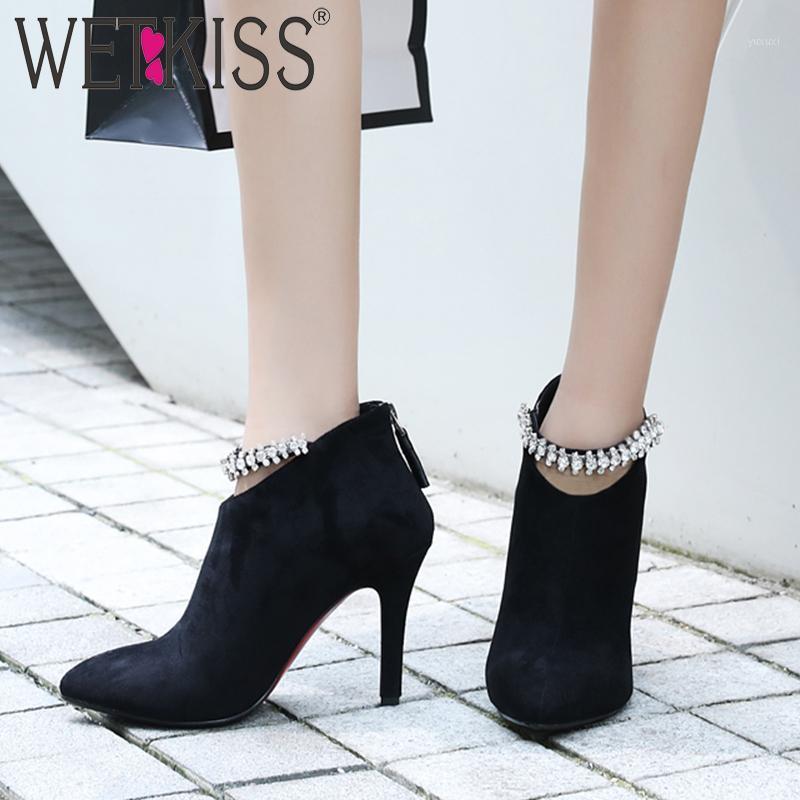 

WETKISS High Heels Thin Boots Women Crystal Flock Ankle Booties Female Party Shoes Ladies Zip Pointed Toe Shoes Winter 2020 New1, Black