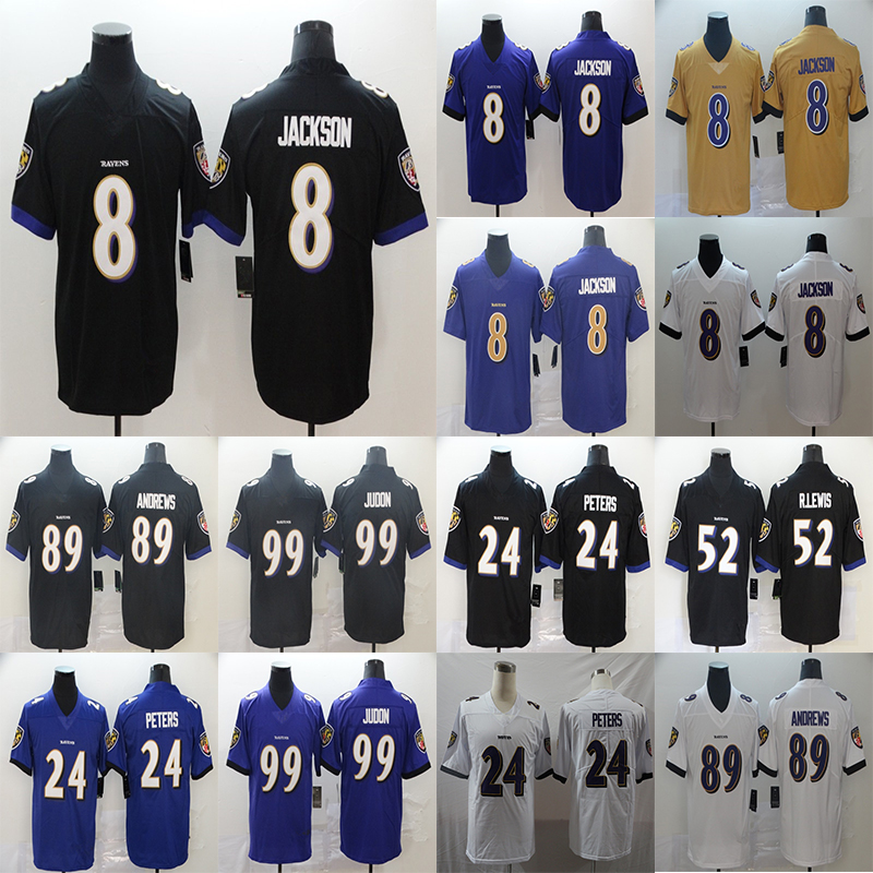 

Baltimore Ravens 8 Lamar Jackson 89 Mark Andrews 99 Matt Judon 24 Marcus Peters 52 Ray Lewis Football Limited Jersey, White