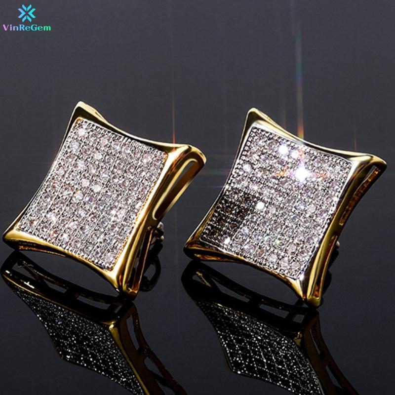 

Stud Vinregem Hip Hop Rock 925 Sterling Silver Created Moissanite Party Unisex Basic Fashion Ear Earrings Fine Jewelry Wholesale, Golden;silver