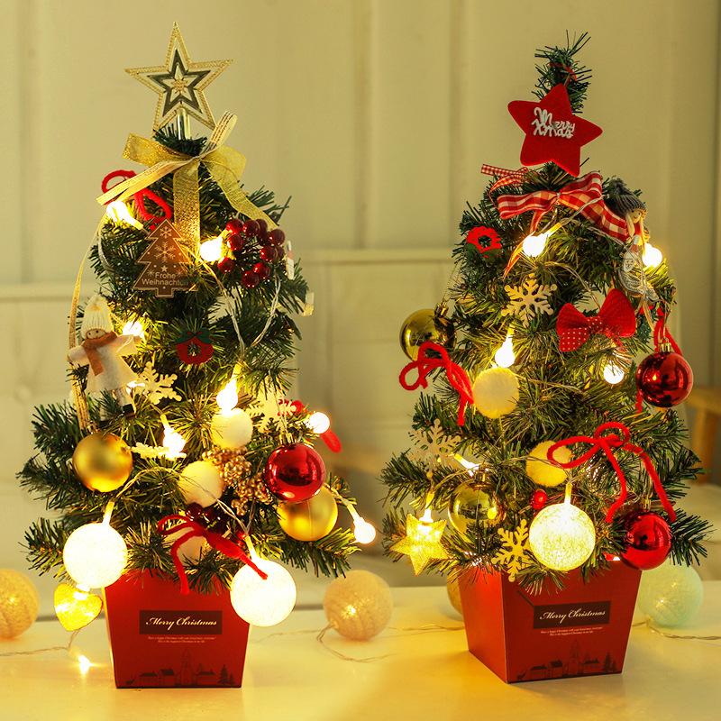 

Mini Christmas tree 50cm desktop with lamp ornaments plush ball doll bow golden red Christmas tree set