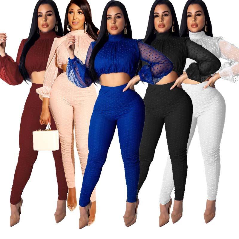 

Autumn Sheer Mash Polka Dots Sporty Tracksuit Long Sleeve Crop Top Pants Outdoor Sports Casual Fitness Jogging Two Piece Set, Black set