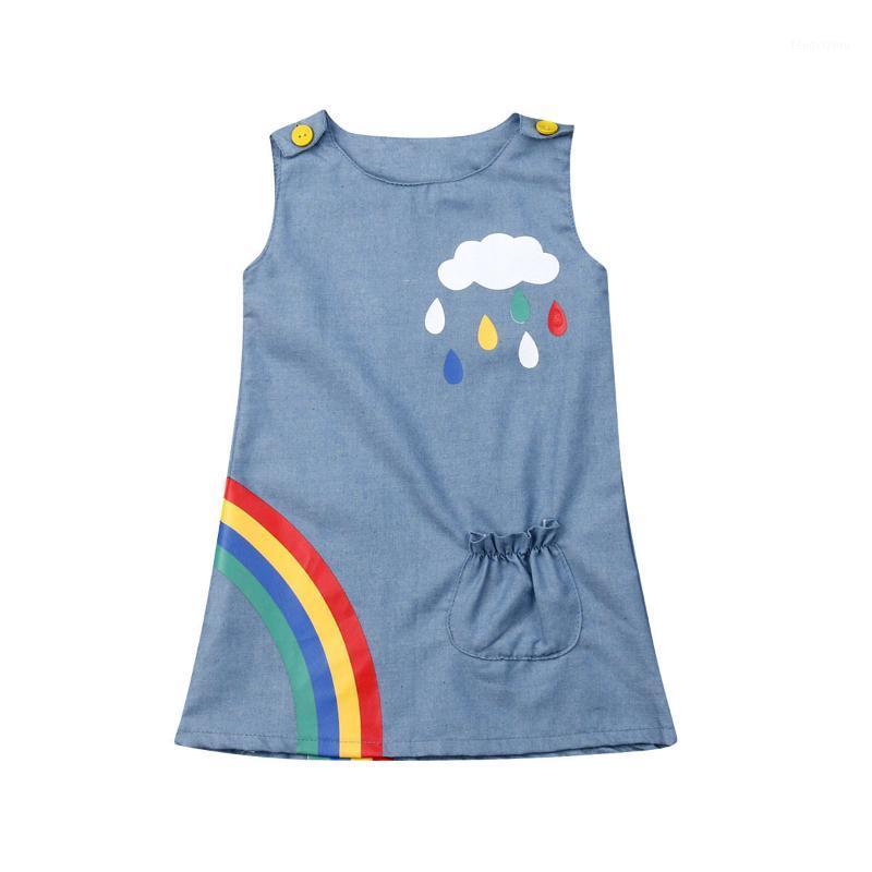 

Toddler Baby Girl Blue Dress Sleeveless Rainbow Cloud Print Suspender Dresses with Pocket Summer Casual1, As pic