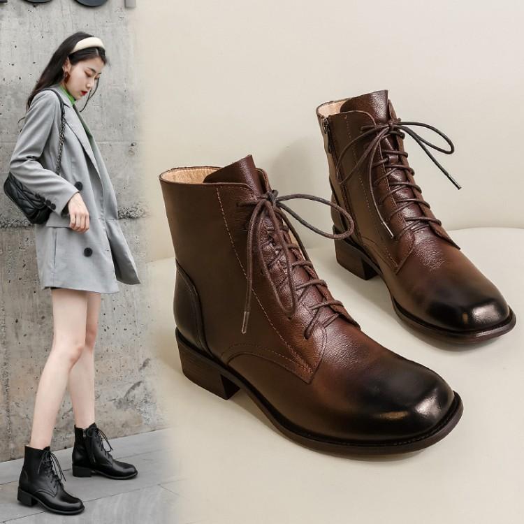 

MLJUESE 2021 women Ankle boots Cow leather Winter short plush Square Toe Zipper Med heels female boots size 43, Black