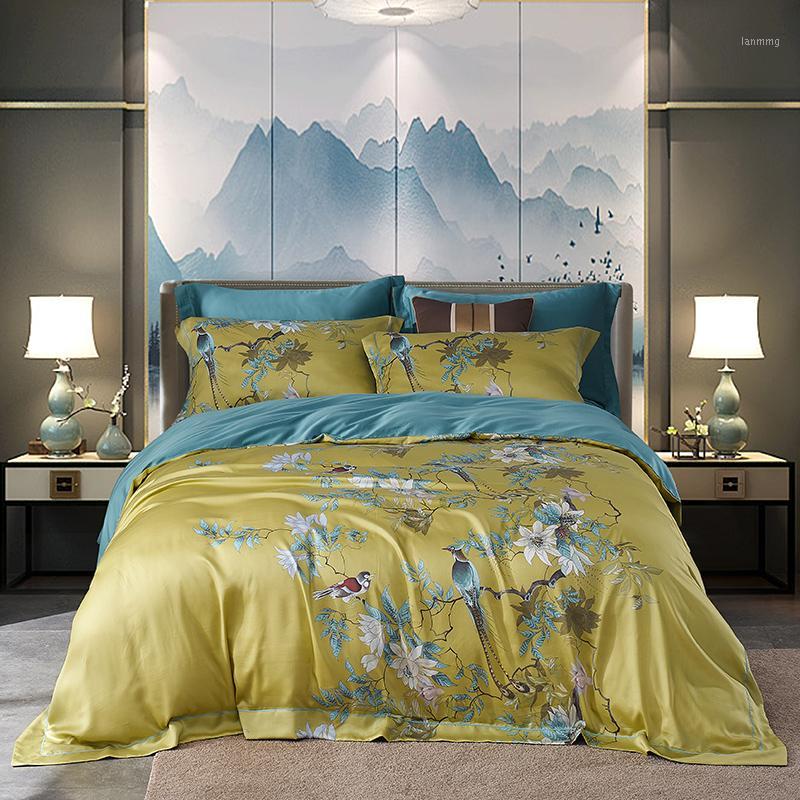 

4 piece classical flowers and birds bedding set Queen King size bed cover summer smooth soft tencel silk duvet cover set yellow1