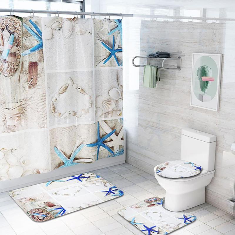 

4 piece seaside style Sea Beach Shell Printed Shower Curtains Non Slip Toilet Polyester Cover Mat Set Bathroom Shower Curtain1