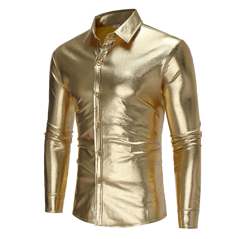 

Night Club Wear Mens Dress Shirts Slim Fit Shiny Gold Coated Metallic Shirt Men Long Sleeve Button Down Shirt For Disco Party, Black