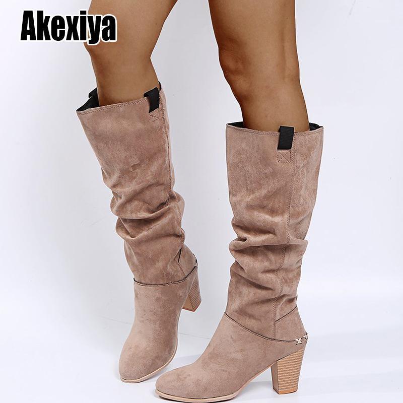 

2020 Autumn Winter Women Boots Fashion pleated design Faux Suede Knee-High Comfortable Loose High heels Female Boots Shoes p6961, Black
