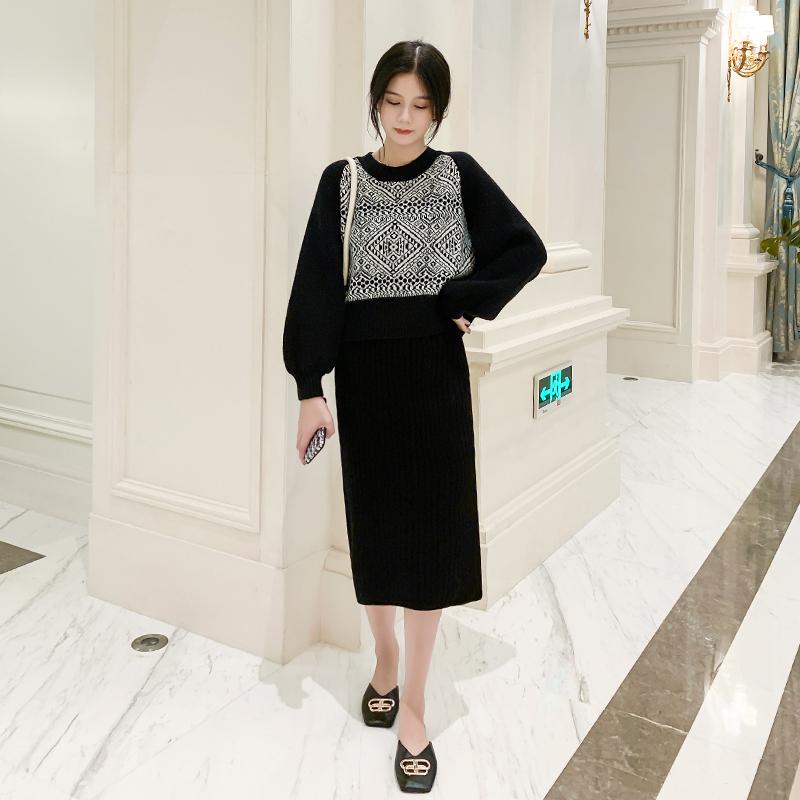 

Women Hit Color Knitting Outfits Long Lantern Sleeve O-Neck Knitted Pullover Sweater + Midi Skirt Autumn Winter 2Pcs Sets, Picture color