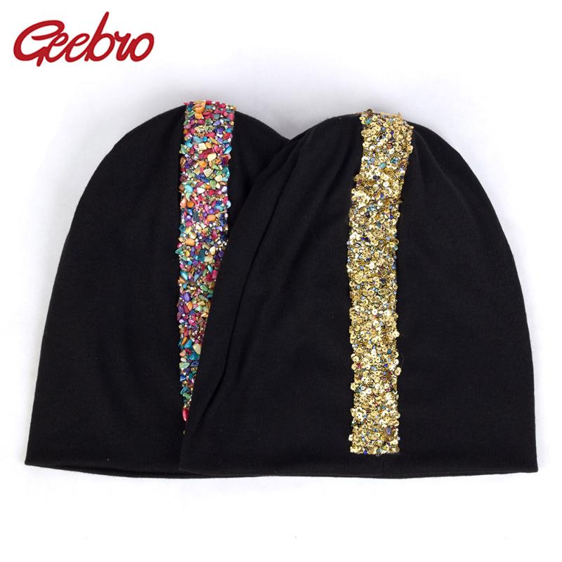 

Geebro Colorful Stones Gold Sequins Applique Beanies Winter Warm Hats For Women Fashion Female Cotton Hats Slouchy Caps DZ936, Rose light gray-2