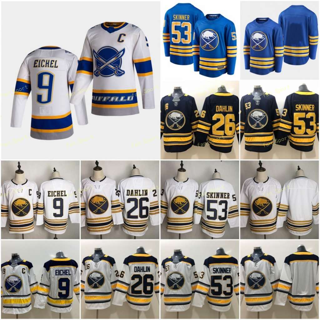 

2021 Reverse Retro Buffalo Sabres 4 Taylor Hall Jersey Hockey 9 Jack Eichel 26 Rasmus Dahlin 53 Jeff Skinner 50TH Royal Blue White Stitched, 50th (2)