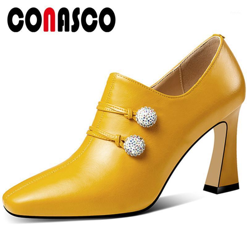 

CONASCO Classic Design Woman Pumps Cow Leather Spring Autumn Office Side Zipper Rhinestone Square Toe Square Heels Shoes woman1, Mibaise