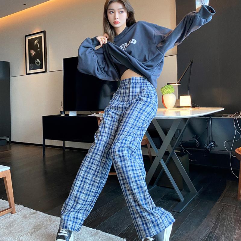

Harajuku Wide Leg Casual Plaid Pants Women High Waist Hip Hop Loose Straight Trousers Retro Vogue Streetwear 2021 Spring Summer, Gray