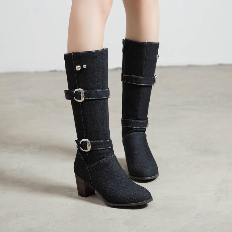 

2020 New Woman's High Heels boots denim Shoes woman Pointed Keep warm Side zipper Women's Winter boots Size 34-48, Black