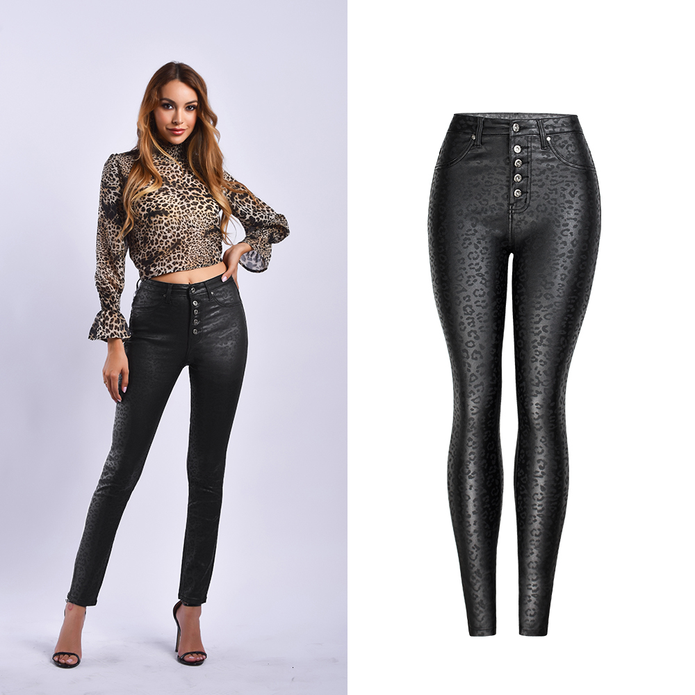 

2021 New K036 fashion black plutonium leather European style and high leopard waist pants, VG4S