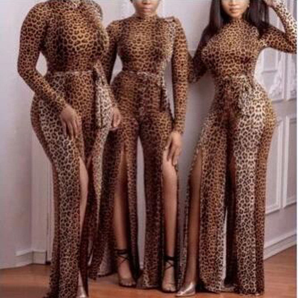 

2021 Sexy Lady in the Leopard Office Long Overalls Night Club Party Plus Size Belt Split Retro Velvet General Winter Uuq5, Multi