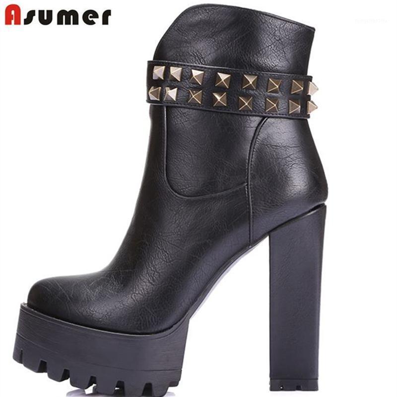 

Asumer high quality soft pu leather women boots round toe platform shoes high heel autumn winter ankle boots1, Black