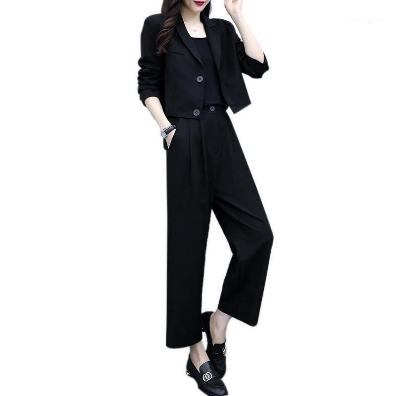 

Women Formal Pants Suits Work Wear Two Piece Suit for Women Short Blazer and Loose Pant Black 2 Pieces Set Office Casual Costume1