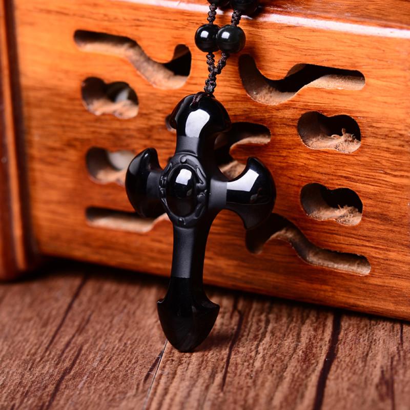 

Natural Frosted Obsidian Cross Pendant Necklaces Manual Rope Women Men Obsidian Necklace Fashion Jewelry For Gift Dropship