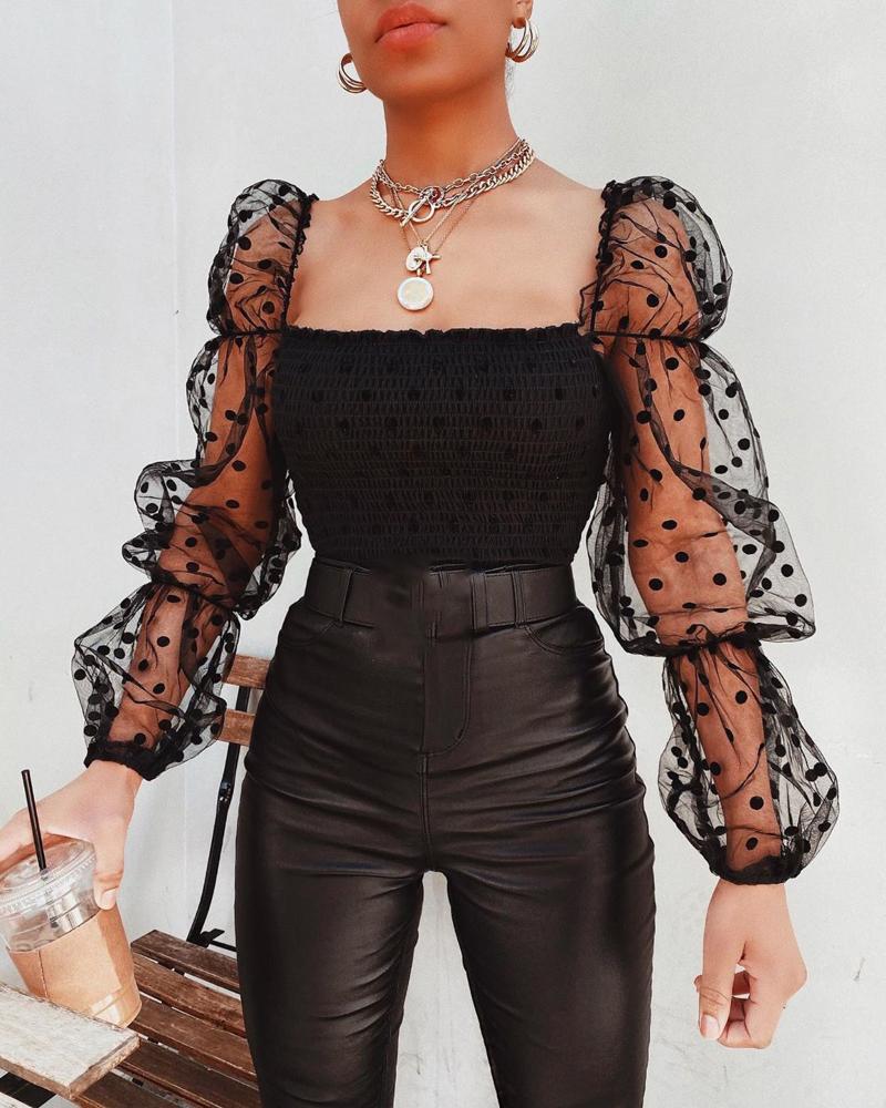 

Meihuida Sexy Women Lace See-through Tops Polka Dot Puff Long Sleeve Elastic Top Female Blouse Shirts Evening Party clubwear, Black