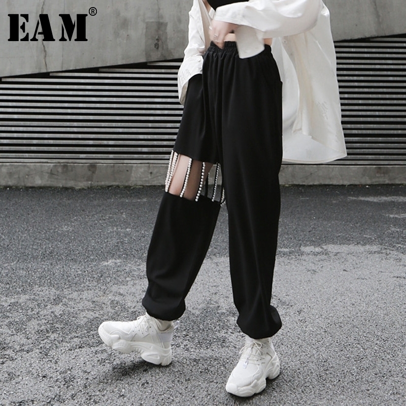 

[EAM] New Spring Autumn High Elastic Waist Loose Pearls Hollow Out Pockets Long Pants Women Trousers Fashion Tide JY775 201119, Black