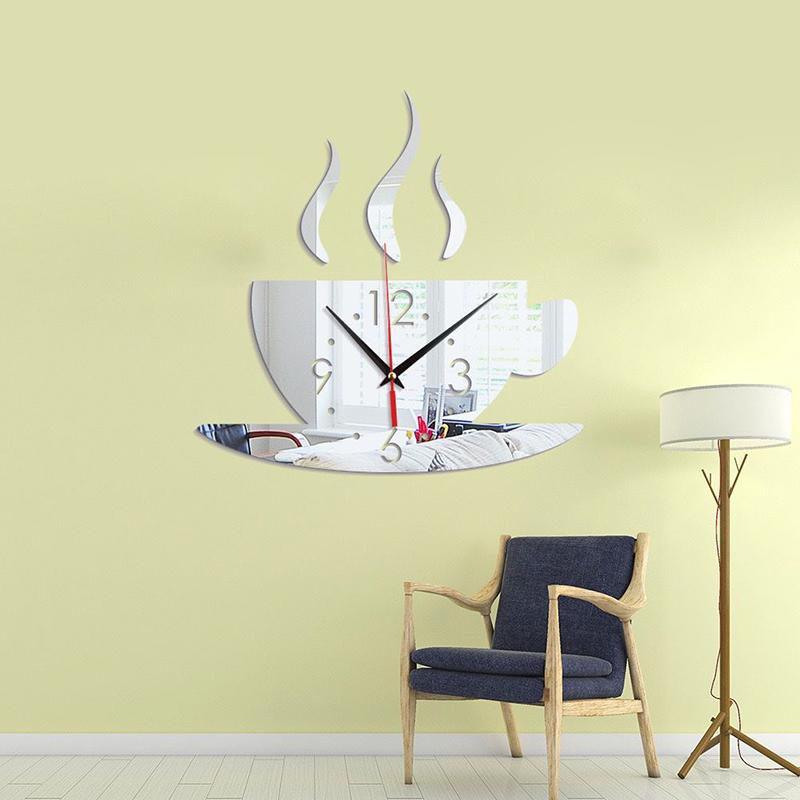 

Creative Wall Clock Sticker Coffee Cup Pattern 3D Mirror Home Decor Diy Living Room Mirror Wall Clock 4 Color Acrylic Bedroom