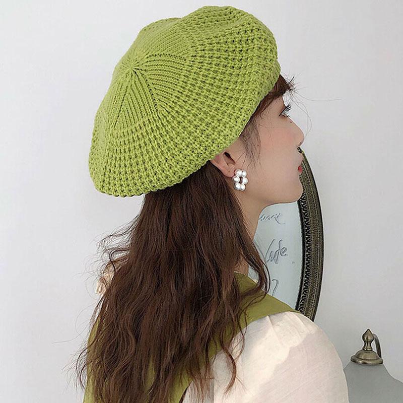 

Autumn Winter Knitted Beret Female Japanese Soft Sister Cute British Hats Painter Sweet Color Caps Black Green Yellow New, Beige