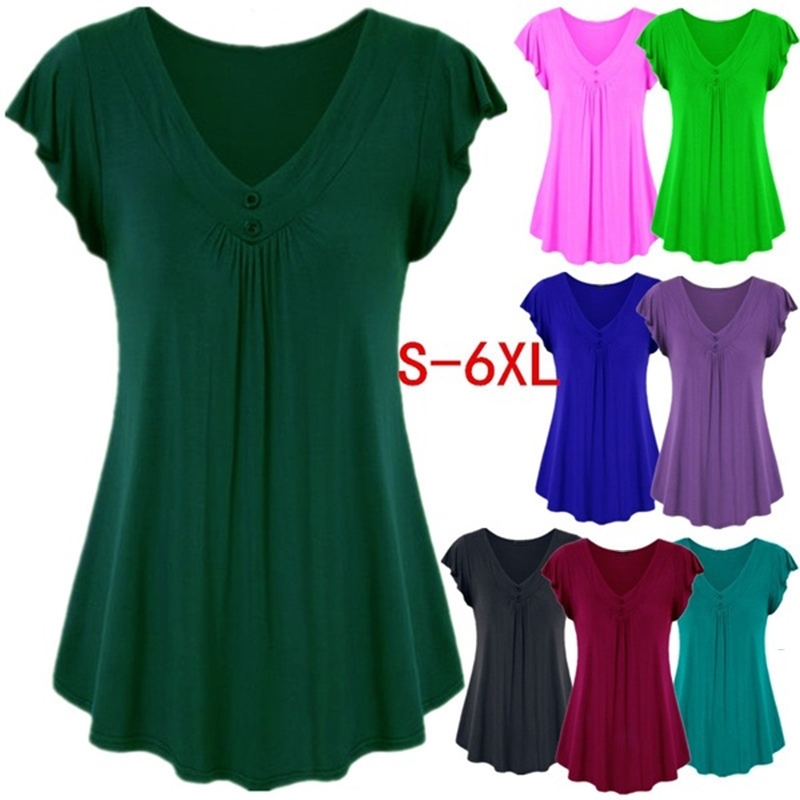 

Plus Size Casual Women T shirts Cotton Summer Tops Button V-neck Butterfly Short Sleeve Solid Female Tees Ladies Clothing -6XL Y200412, Wine red