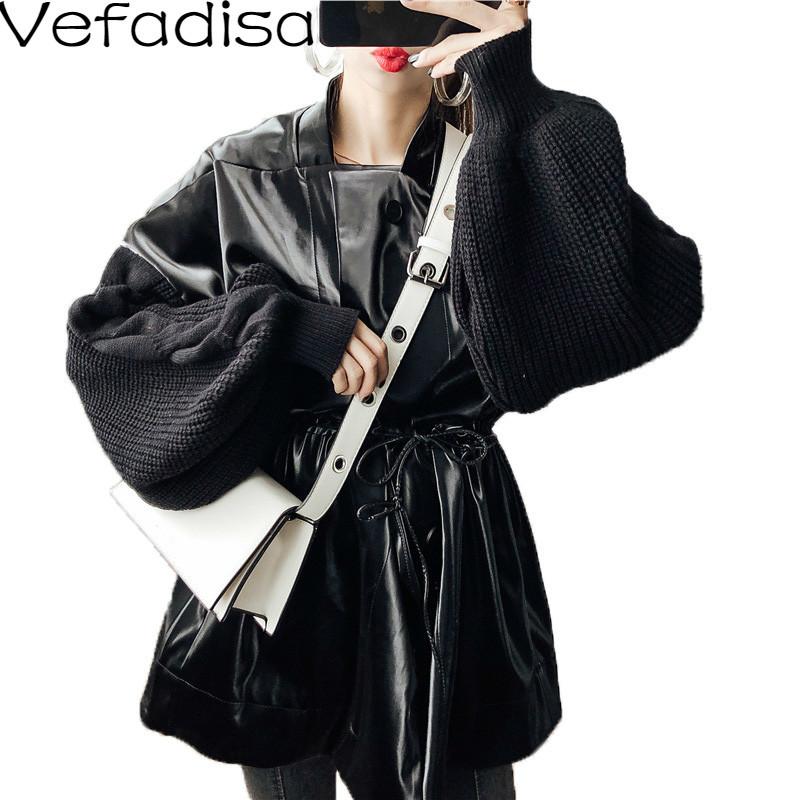 

Vefadisa Autumn Winter Belt Leather Jacket Patchwork Long Sleeve Square Collar Casual Woman Leather Jacket Loose 2020 QYF737, Black