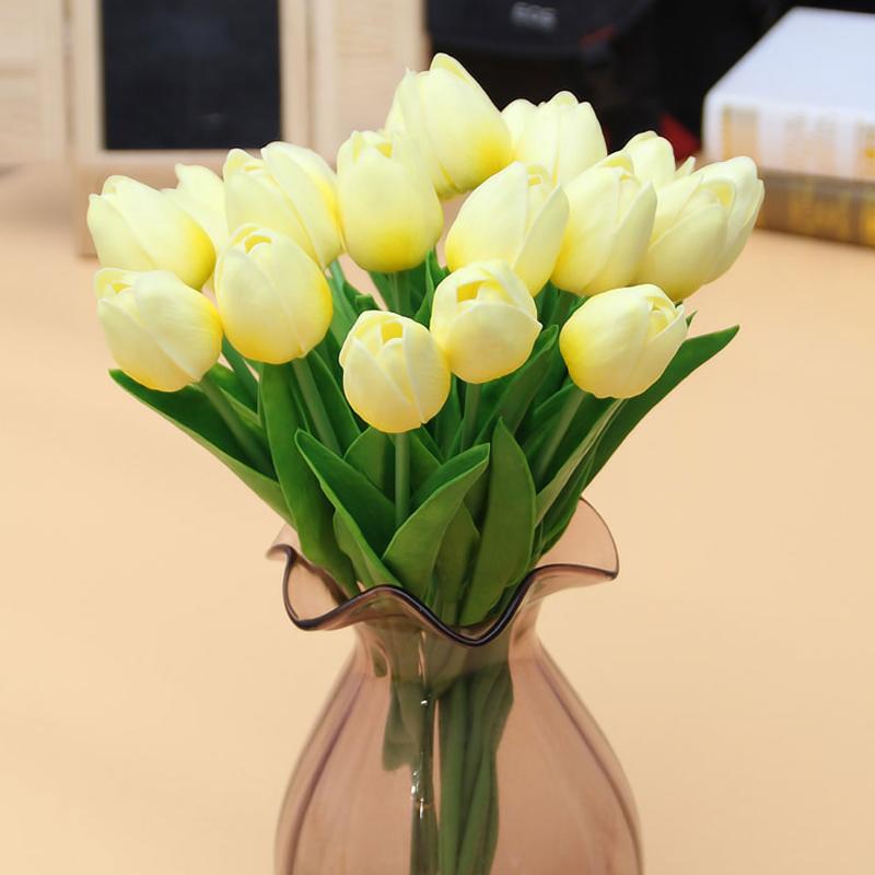 

1PCS pu mini tulip flower Real Touch wedding flower bouquet artificial flowers silk flowers for home party decoration, White green